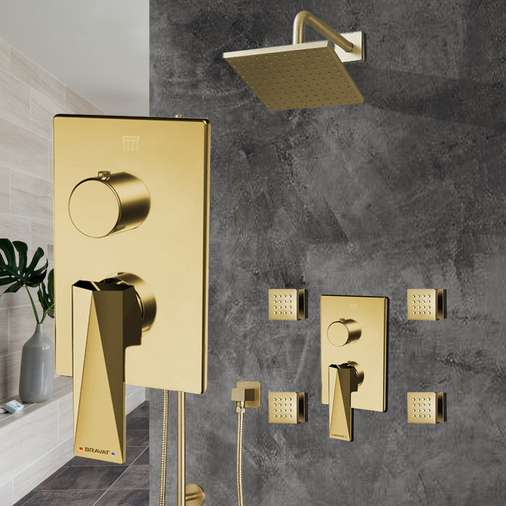 Bravat Brushed Gold Square Shower Set, Valve Mixer 3-Way Concealed Wall Mount