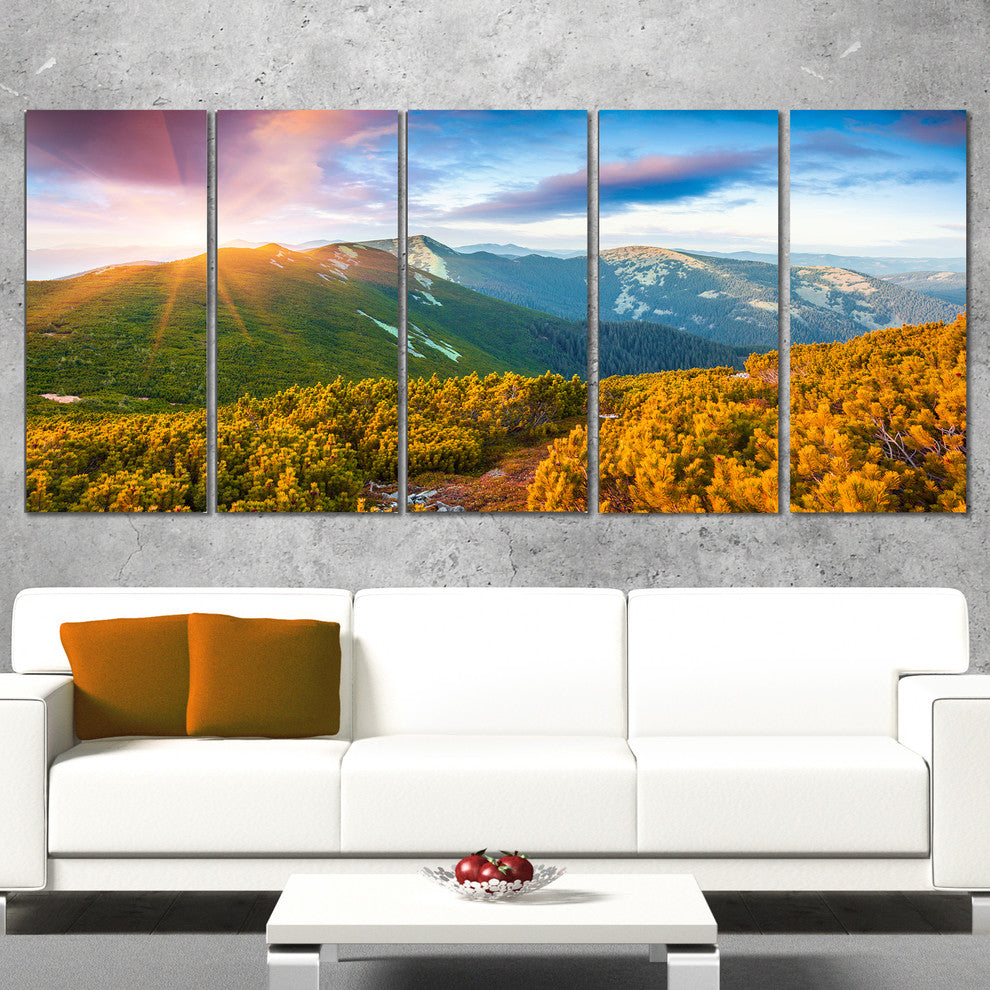 Bright Sunrise in Carpathian Mountains, Landscape Canvas Art, 60"x28", 5 Panels