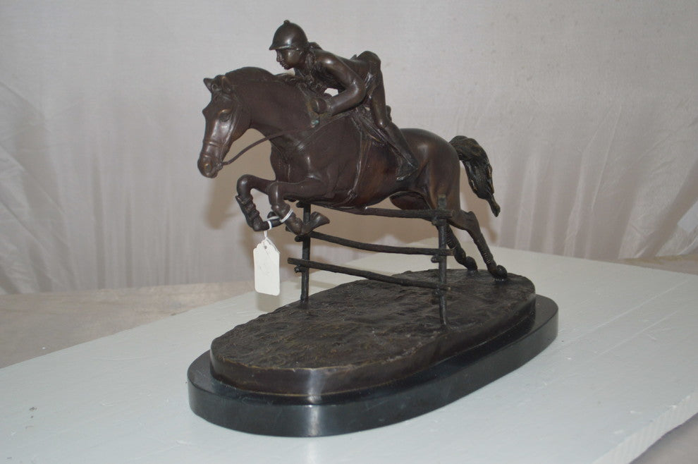 Jockey With Horse Jumping Over Hurdle Bronze Statue -  Size: 14"L x 9"W x 13"H