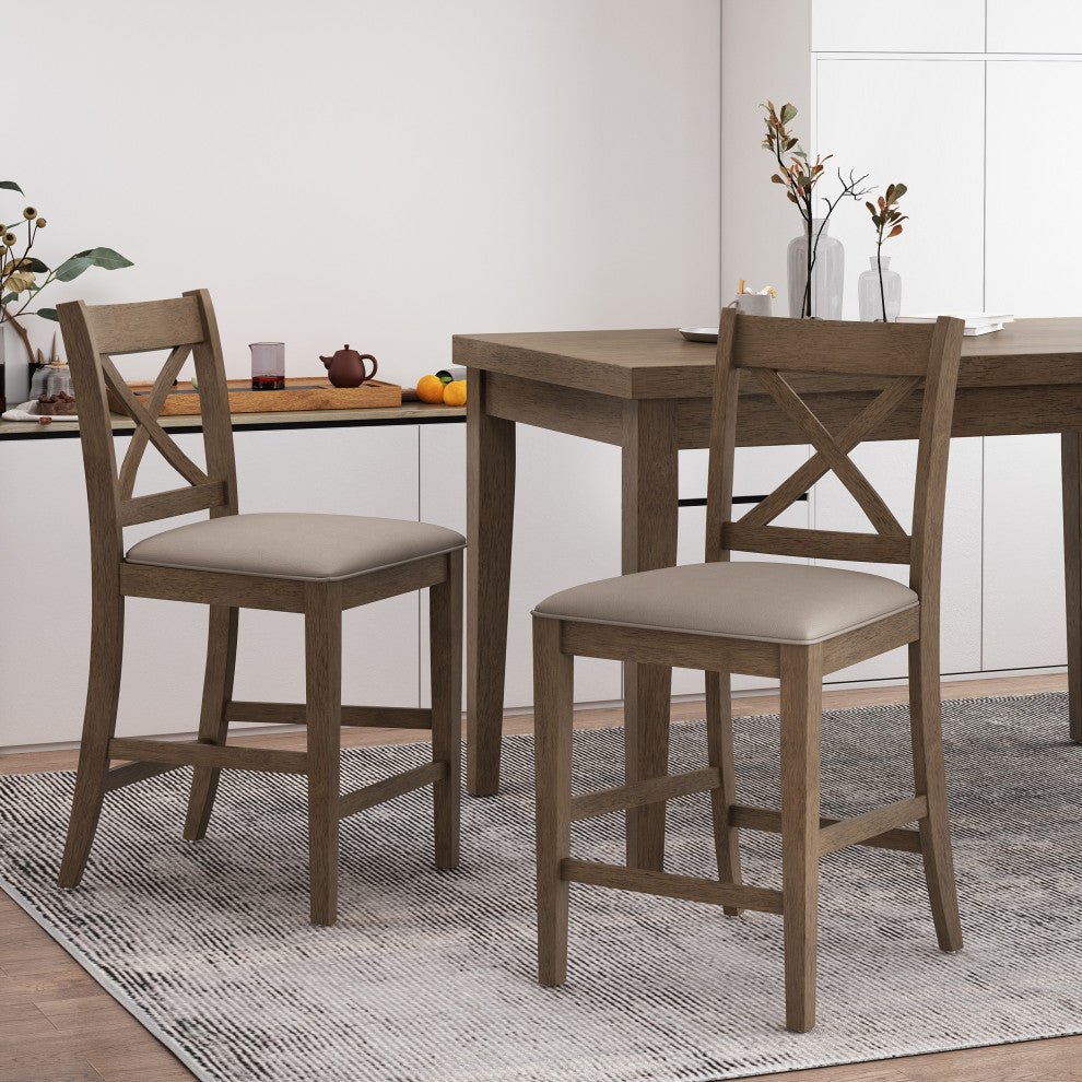 Bouman Farmhouse Upholstered Wood Counter Stools (Set of 2), Antique Brown