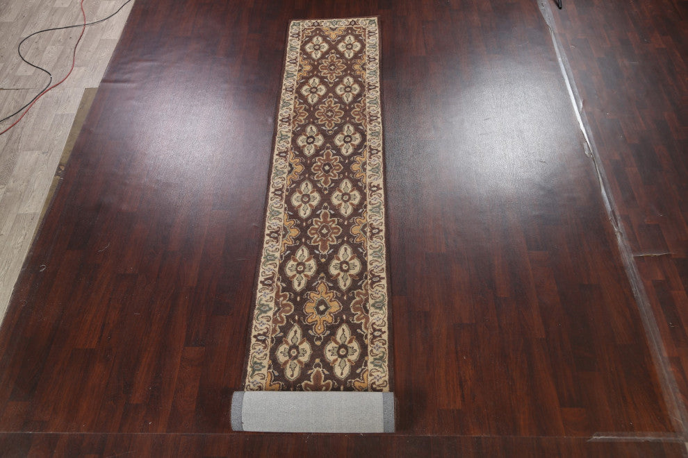 Floral Brown Traditional Oriental Runner Rug Hand-tufted Wool Carpet 3x19