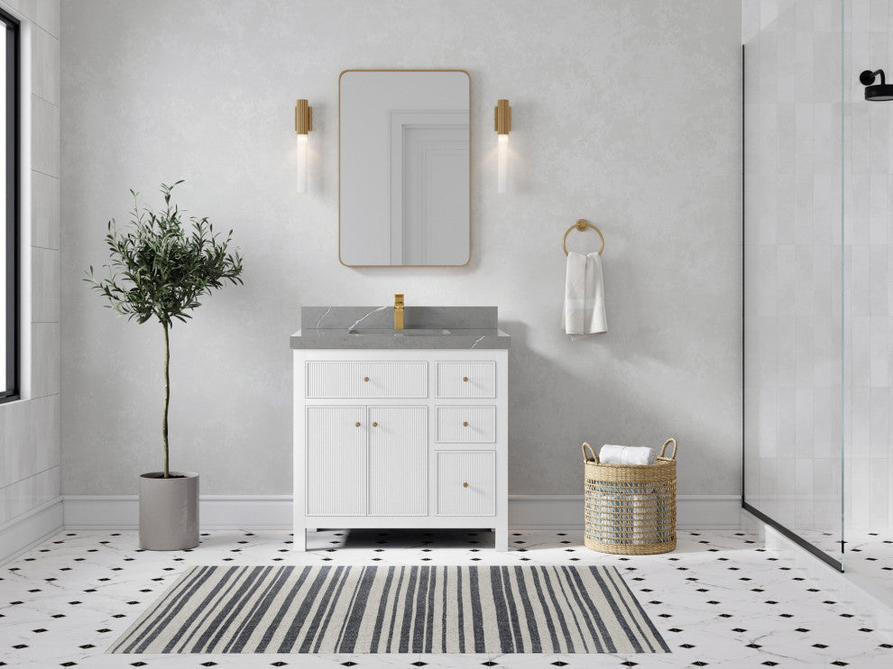 Sonoma 36 Center Sink Reeded Bath Vanity in White 2" Piatra Gray