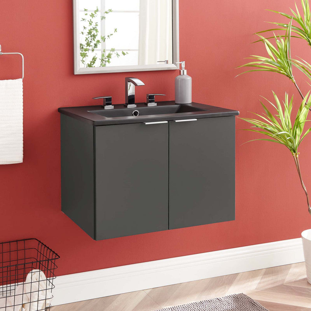 Sink Vanity Cabinet, Wall Mounted, Melamine, Gray Black, Modern, Bathroom
