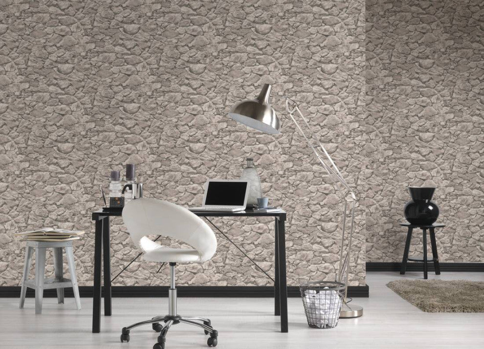 Faux Textured Wallpaper, Stones, Beige Gray, One Roll
