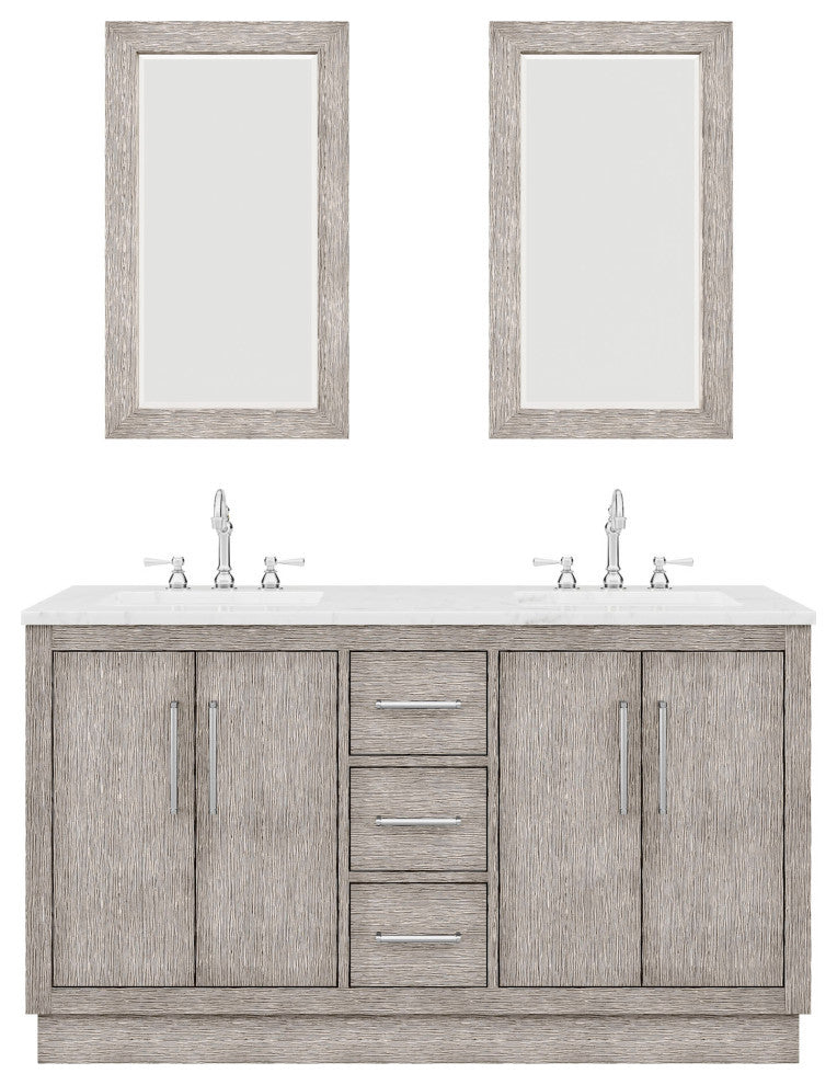 Hugo 60 Double Sink White Marble Countertop Vanity, Gray Oak With Mirrors