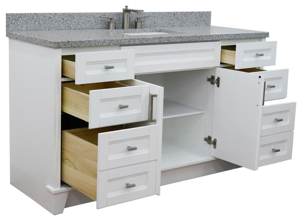 61" Single Sink Vanity, White Finish And Gray Granite And Rectangle Sink