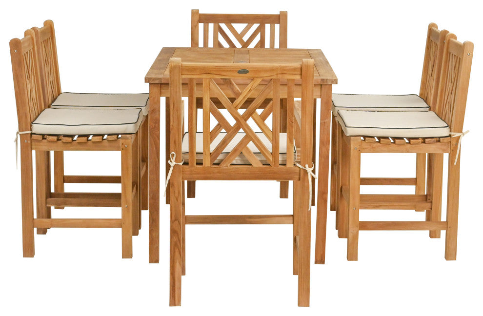 7 Piece Teak Chippendale 63" Rect Bistro Counter Set, 2 Arm and 4 Side Stools