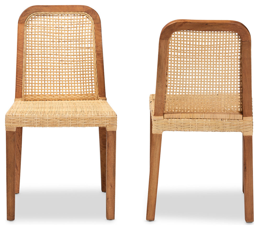 Caspia Modern Walnut Brown Finished Wood and Natural Rattan Dining Chair Set