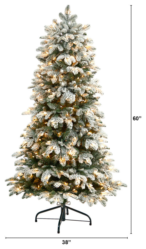5' Flocked North Carolina Fir Faux Xmas Tree W/White Lights & Bendable Branches
