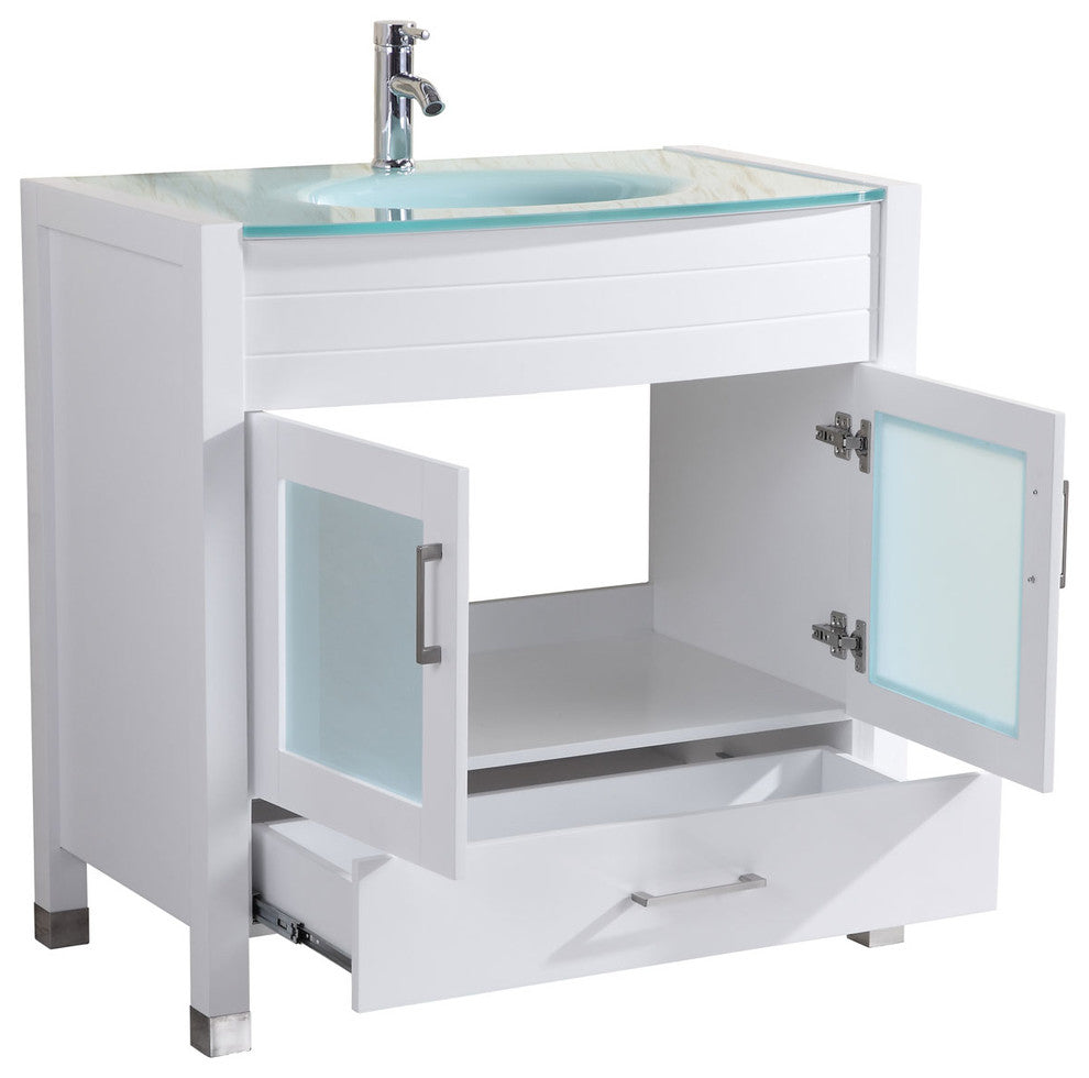 Style 3, 36"W White Vanity Sink Base Cabinet, Mirror, LV3-36W