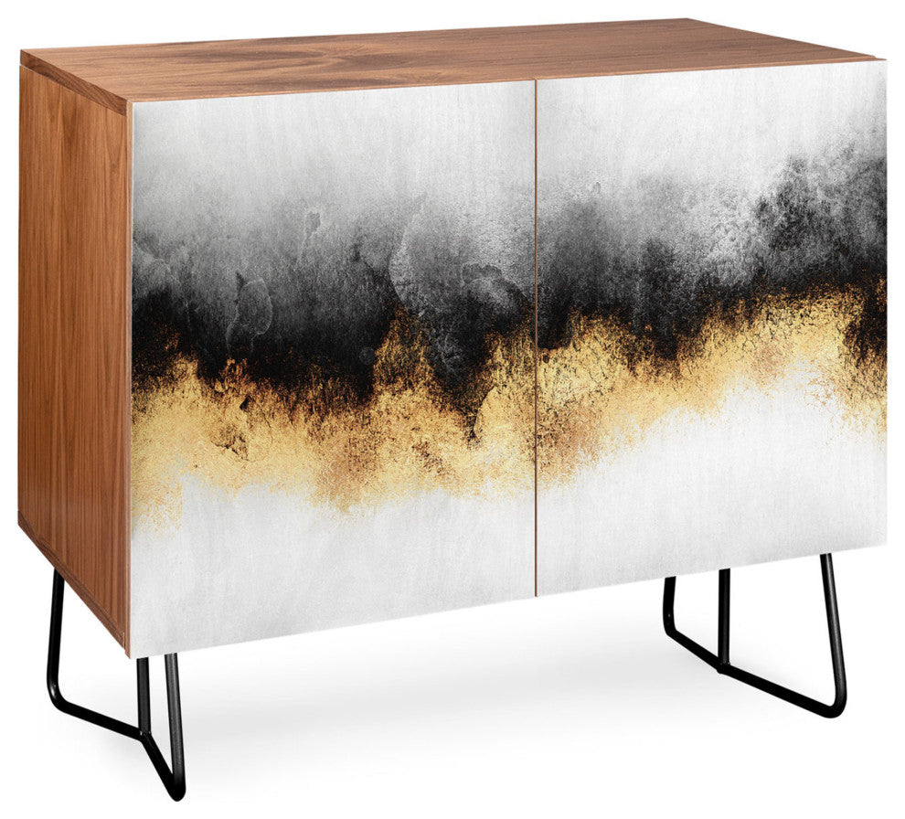 Deny Designs Black and Gold Sky Credenza, Walnut, Black Steel legs
