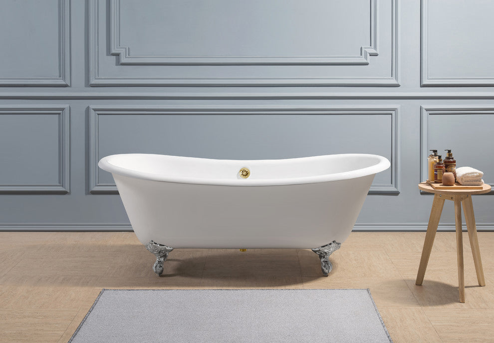 71" Cast Iron R5240CH-GLD Soaking Clawfoot Tub and Tray With External Drain