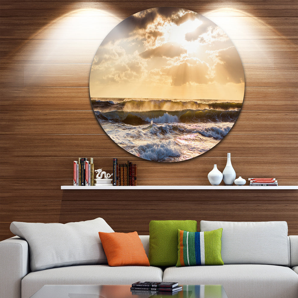 Sunrise And Roaring Blue Sea Waves, Beach Disc Metal Wall Art, 11"