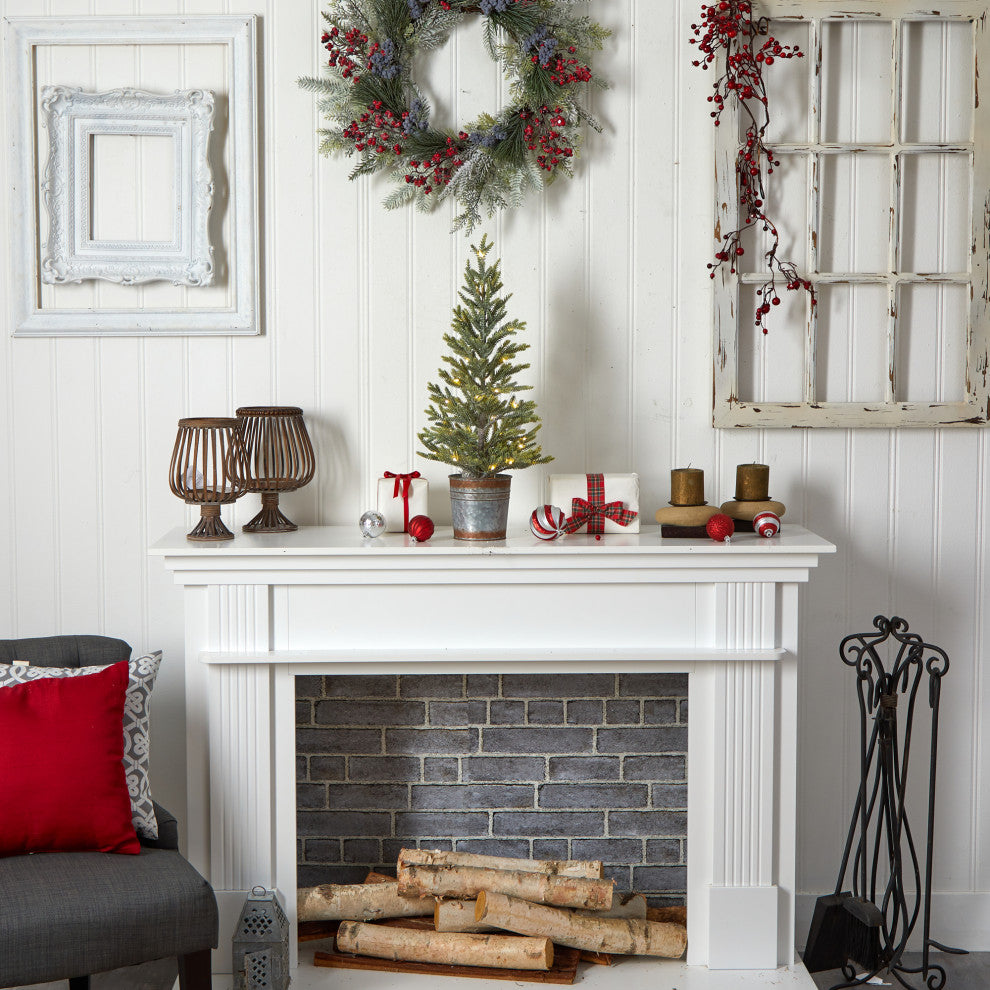 26" Pine Natural Look Faux Xmas Tree W/ 35 White Lights, Rustic Metal Planter