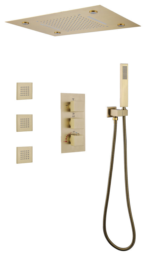 Thermostatic Shower System With Multi Function LED Shower Head, Brushed Gold