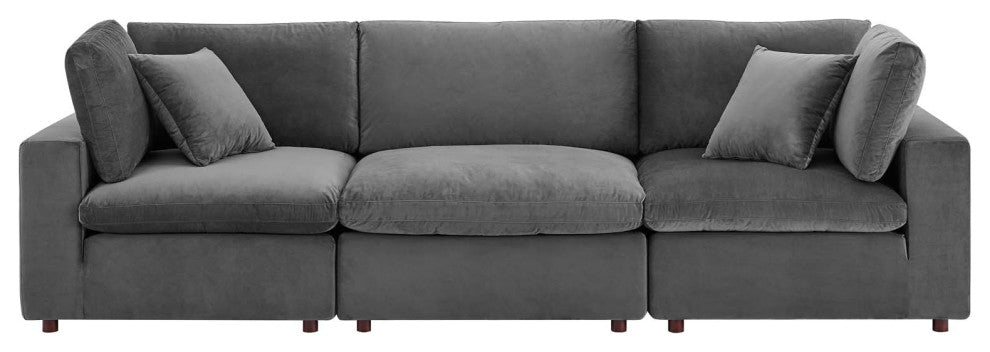 Commix Down Filled Overstuffed Performance Velvet 3-Seater Sofa Gray