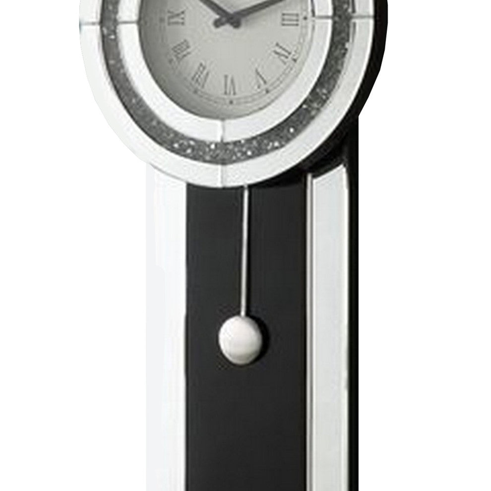 Benzara BM268981 Pendulum Wall Clock With Mirror Trim and Round Shape, Silver