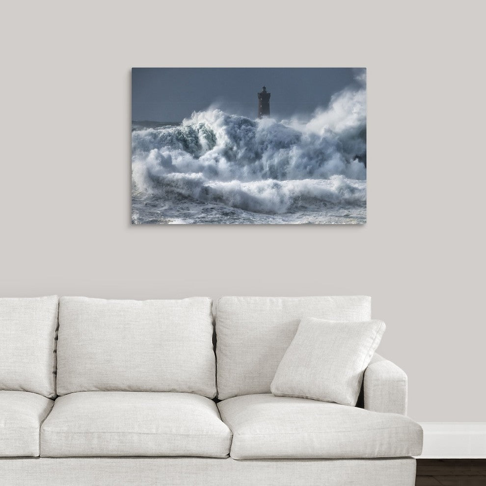 "Bretagne Ocean Waves over the Lighthouse" Wrapped Canvas Art Print, 36"x24"x...