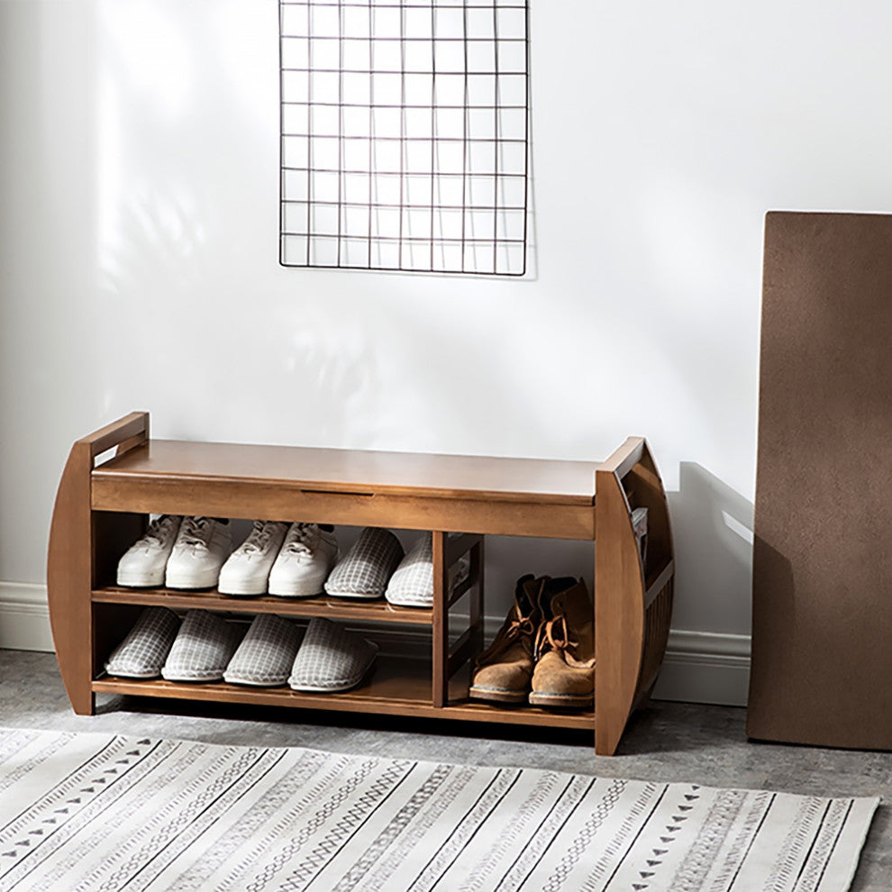 40.2" Rustic Bamboo Upholstered Entryway Flip Top Storage 3-Tier Shoe Bench Rack
