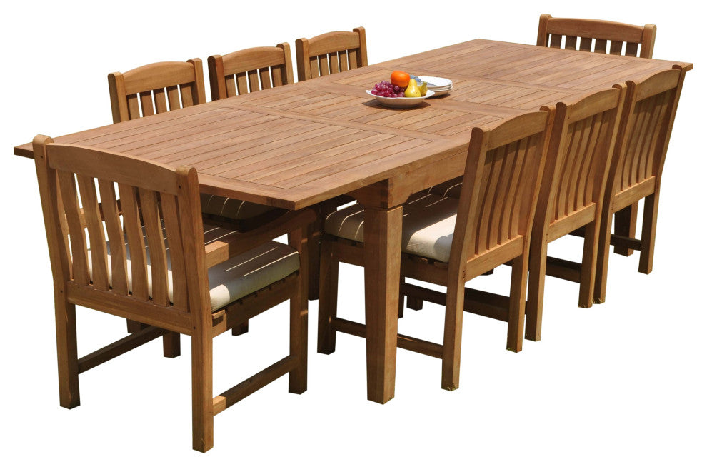 9-Piece Outdoor Teak Dining Patio Set: 122" Rectangle Ext Table, 8 Devon Chairs
