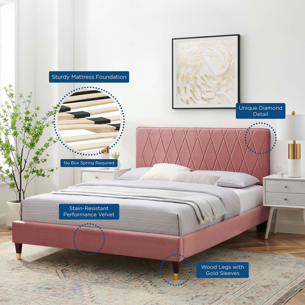 Platform Bed Frame, Queen Size, Velvet, Pink, Modern Contemporary, Bedroom