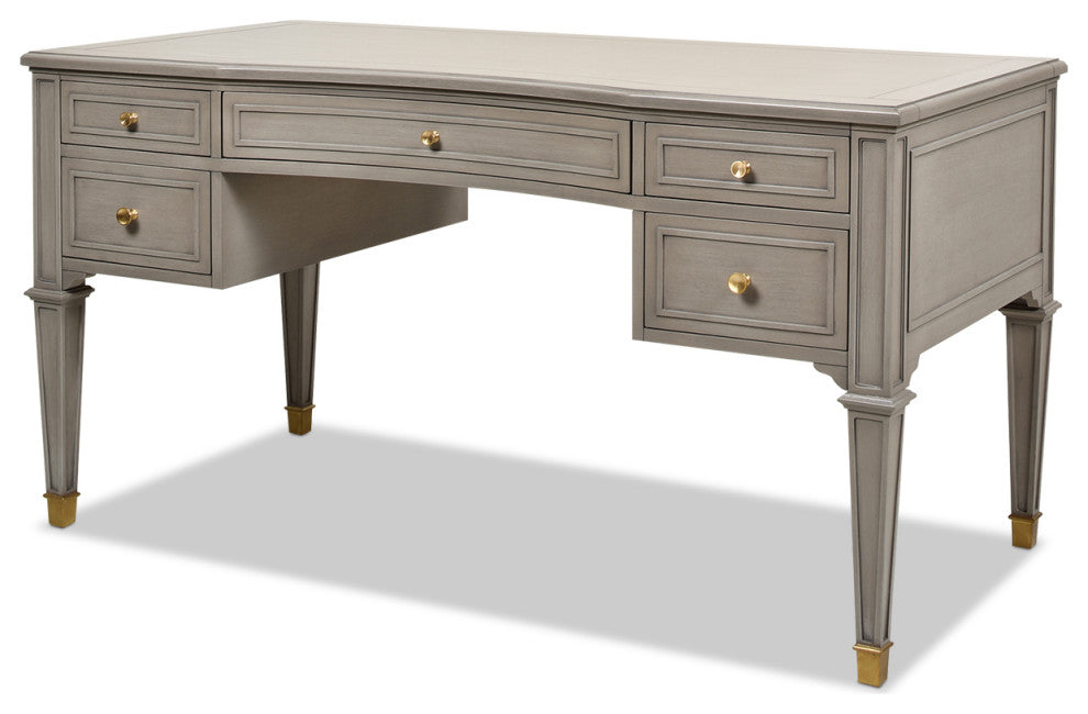 Dauphin Gold Accent 5-Drawer Wood Executive Desk, Gray Cashmere