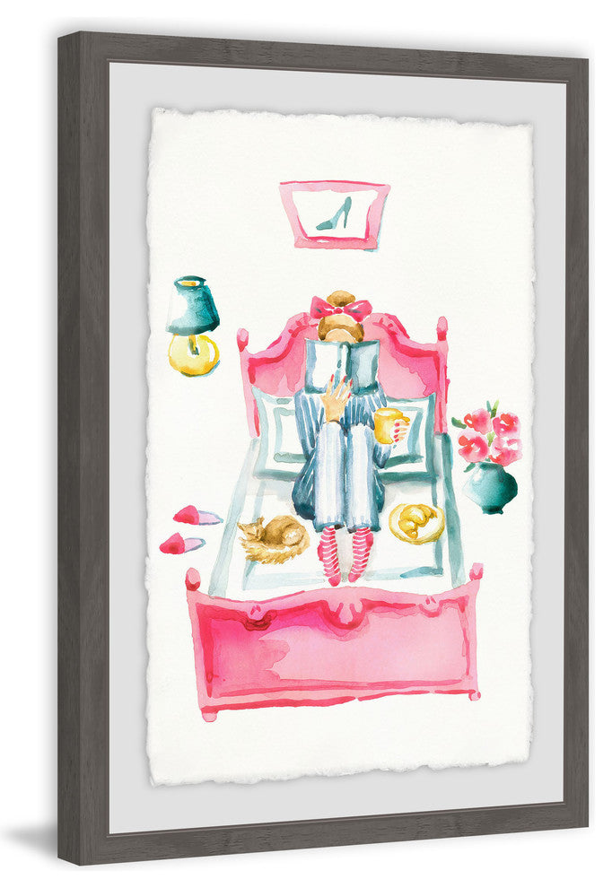 "Pink Bed Reading" Framed Painting Print, 16"x24"