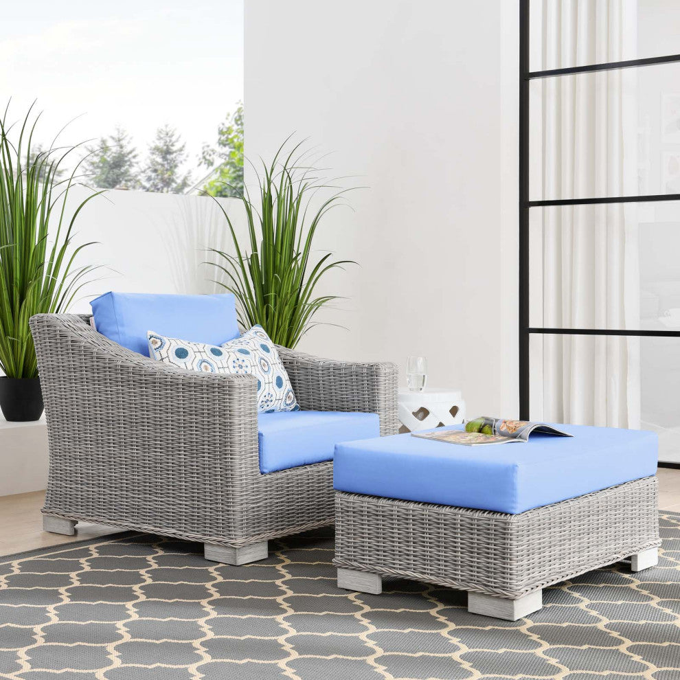 Side Chair Armchair and Ottoman, Rattan, Wicker, Gray Blue, Modern, Outdoor