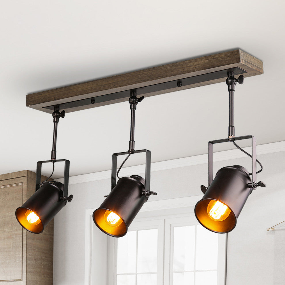Industrial 3-Light Wood Close to Ceiling Track Lighting Spotlights, Black