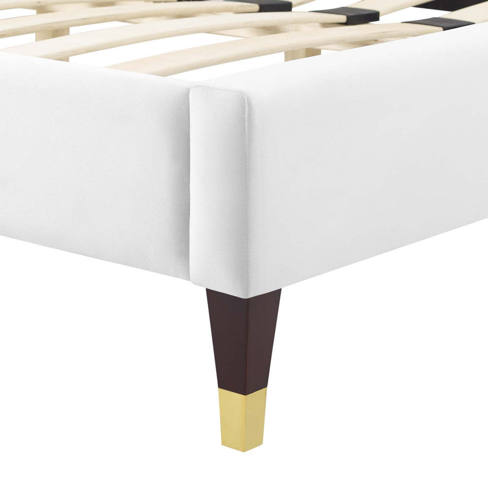Platform Bed Frame, Twin Size, Velvet, White, Modern Contemporary, Bedroom