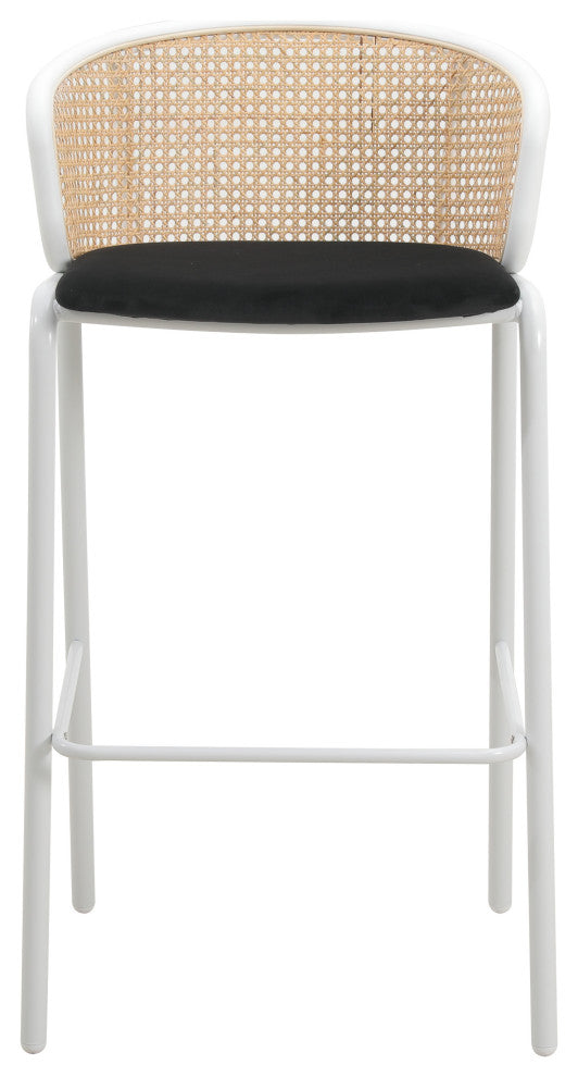 LeisureMod Ervilla Wicker Bar Stool With White Powder Coated Steel Frame, Black