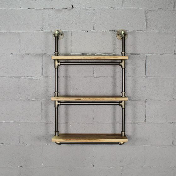 Juneau 30" 3-Tier Wall Mounted Bookcase, Brushed Brass Gray Steel/Natural Wood