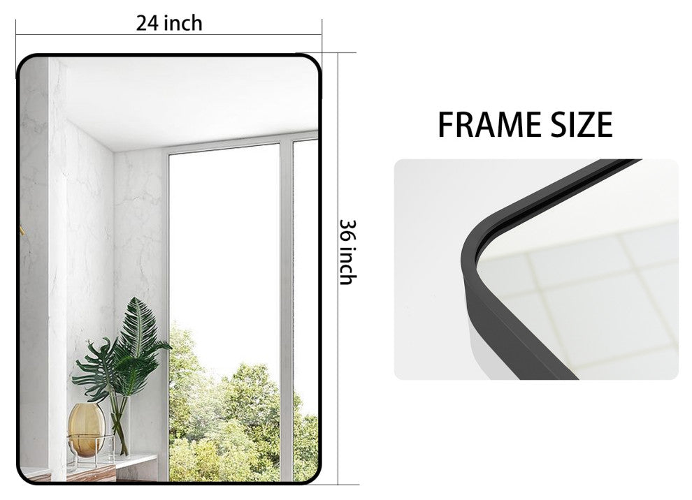 Easly Rectangular Aluminum Alloy Framed Rounded Wall Mirror, Black, 24x36