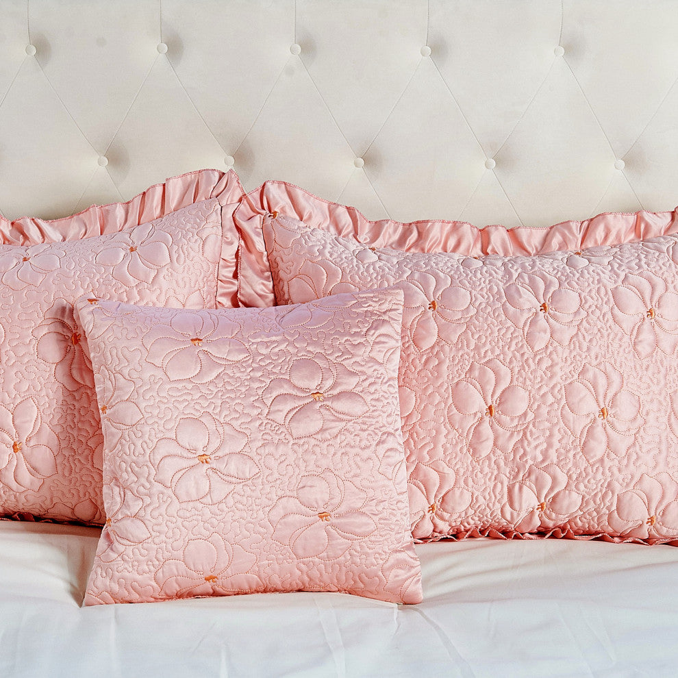 Matte Satin Ruffle 4 Piece Bed Spread Set, Pink, King