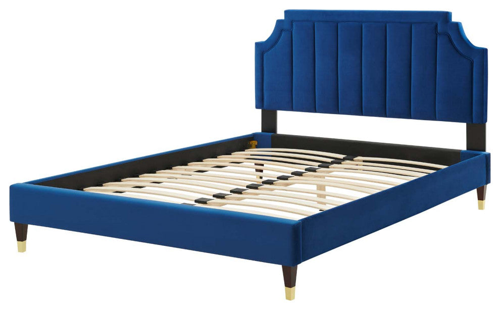 Platform Bed Frame, King Size, Velvet, Blue Navy, Modern Contemporary, Bedroom