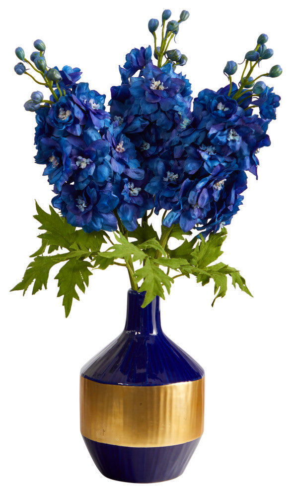 23" Delphinium Artificial Arrangement, Blue and Gold Designer Vase