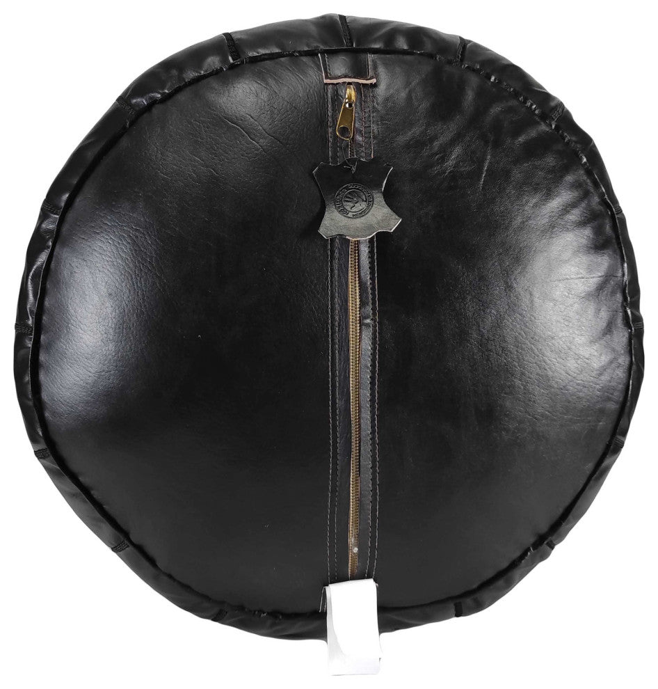 Handmade Moroccan Ottoman, Genuine Leather Pouf, Black