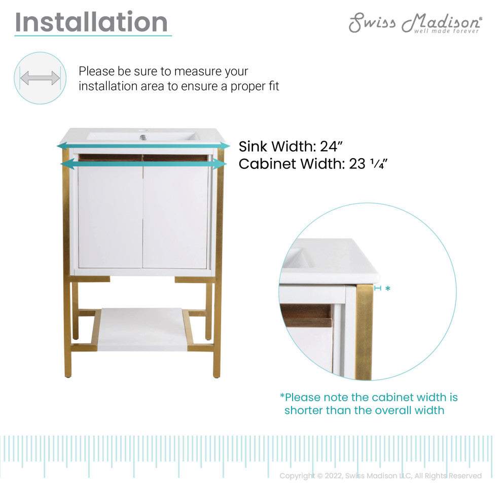 Marseille 24" Bathroom Vanity, White/Brushed Gold