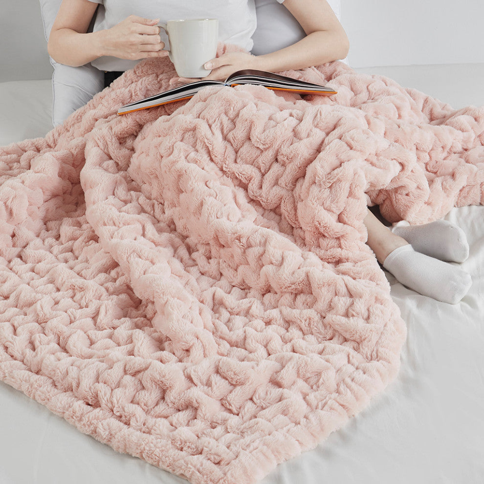Madison Park Ruched Fur Throw, Blush