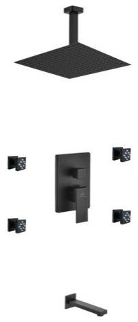 Aqua Piazza Set, 12" Ceiling Square Rain Shower, Tub Filler, 4 Jets, Matte Black