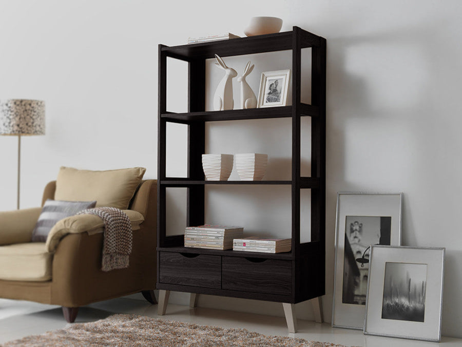 Kalien Dark Brown Wood Leaning Bookcase With Display Shelves and Two Drawers