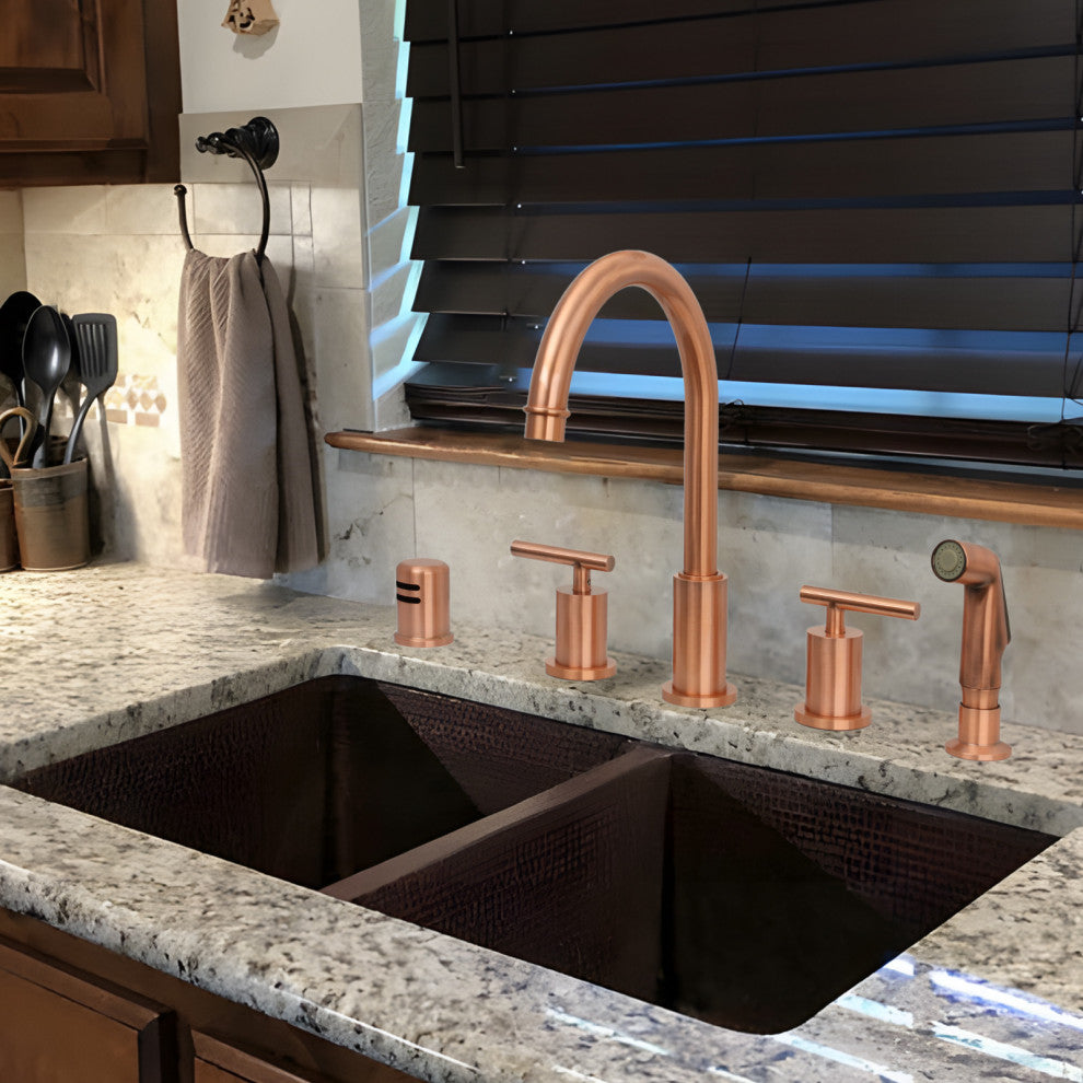 Akicon™ Two-Handles Copper Widespread Kitchen Faucet With Plastic Side Sprayer
