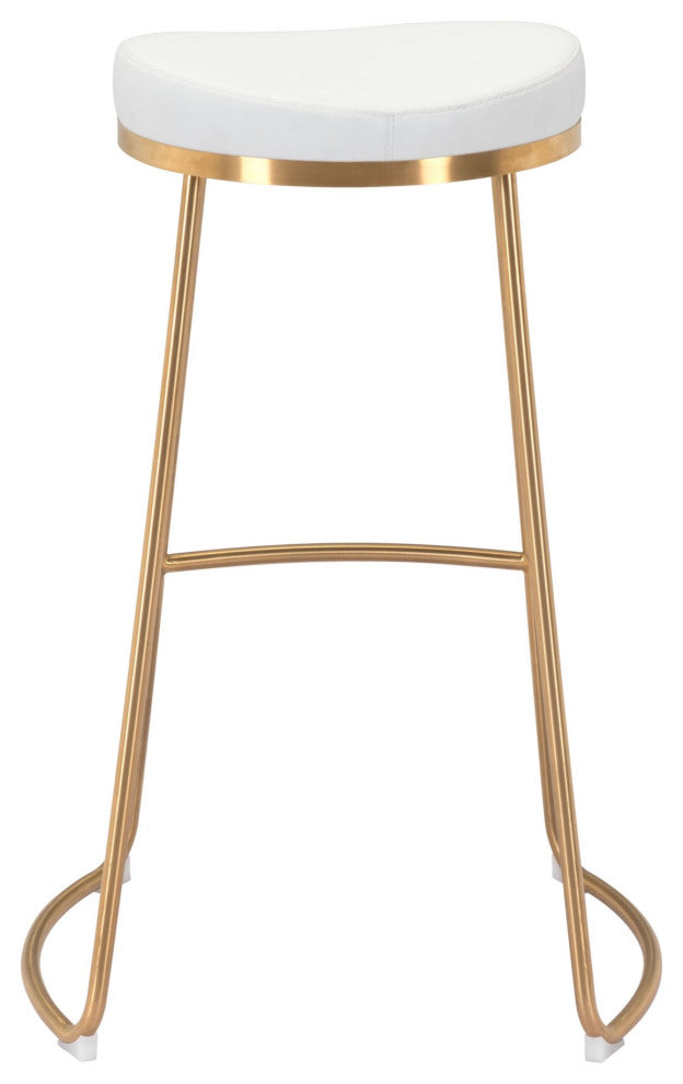 Bar Stool Chair Barstool, Set of 2, Faux Vinyl Leather, Steel, White, Gold