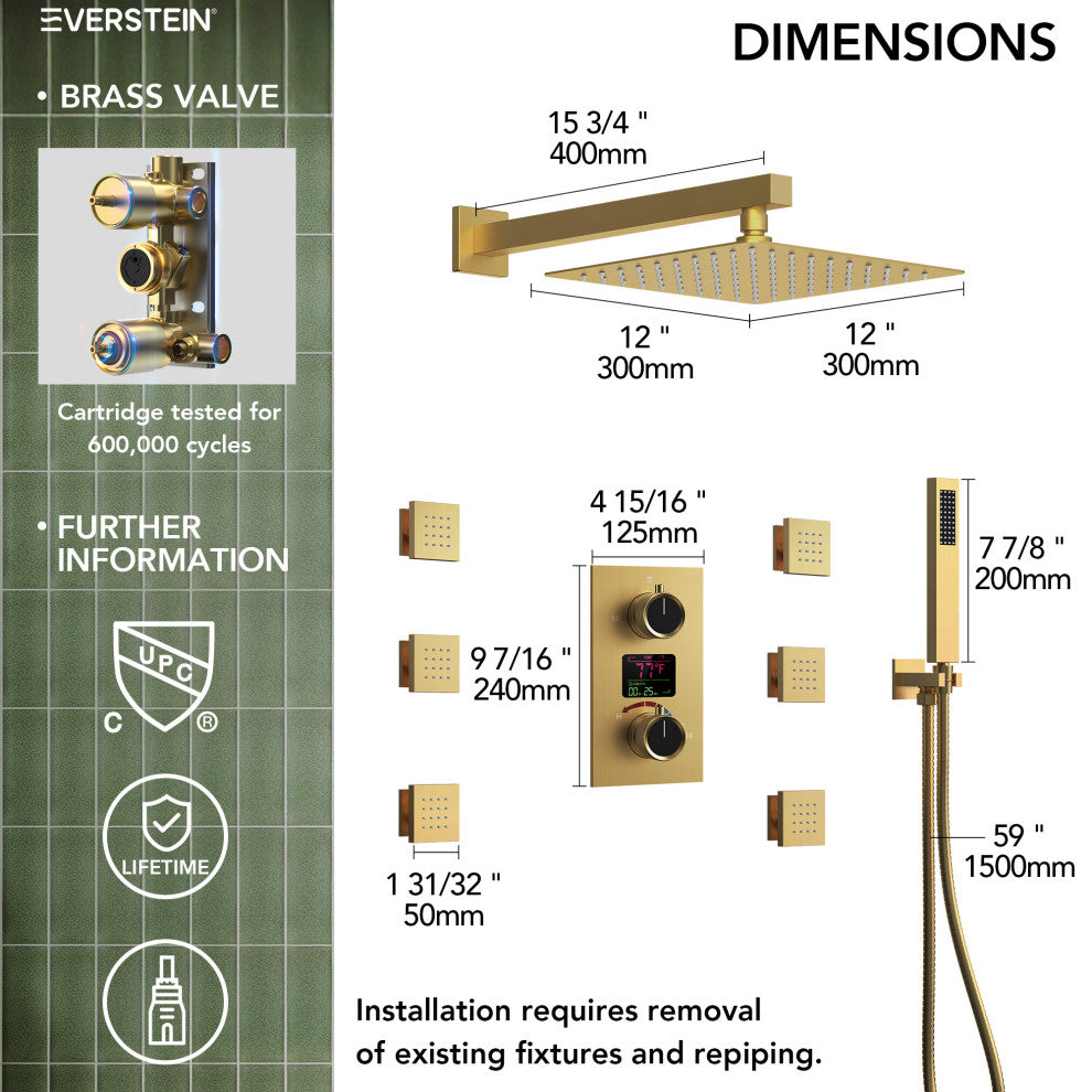 LED Temperature Digital Display Shower System With Body Jets, Brushed Gold, 12 Inches