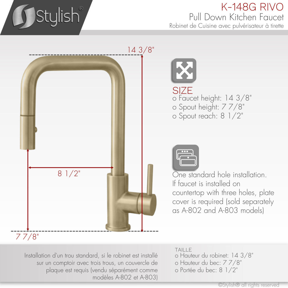 STYLISH Single Handle Pull-Down Dual Mode Kitchen Faucet Stainless Steel Golden