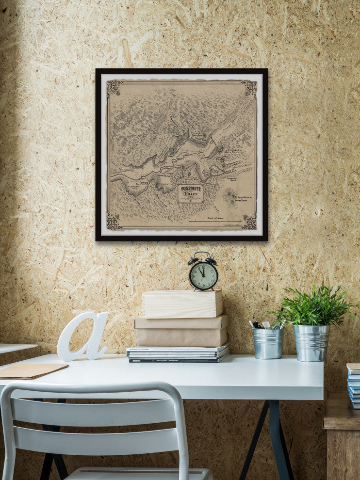 "Vintage Yosemite Valley Map" Framed Painting Print, 32x32