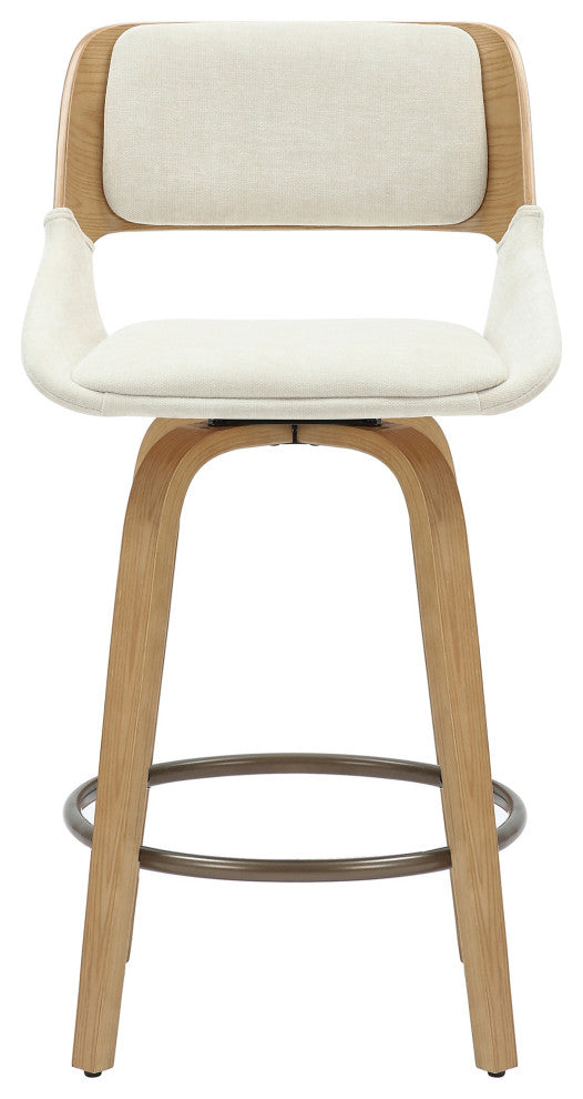 Mid-Century Modern Fabric and Wood 26" Counter Stool With Swivel, Beige/Natural