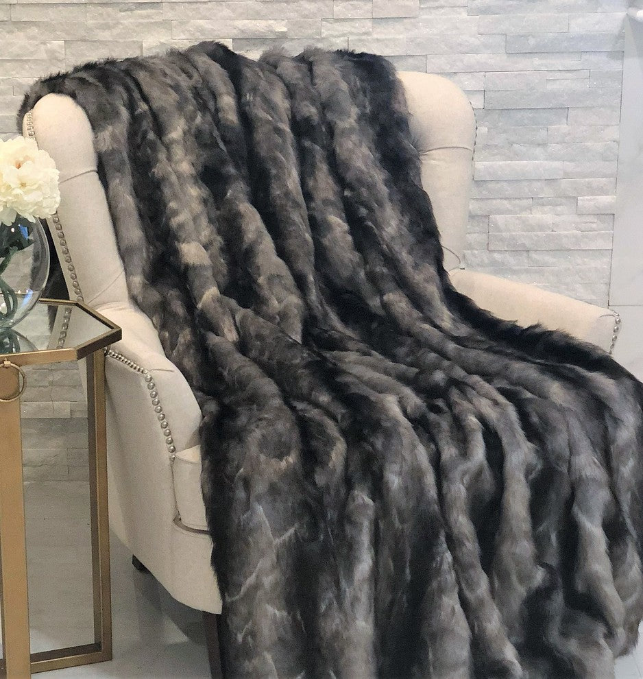 Plutus Brandy Gray Faux Fox Throw Blanket, 60x84