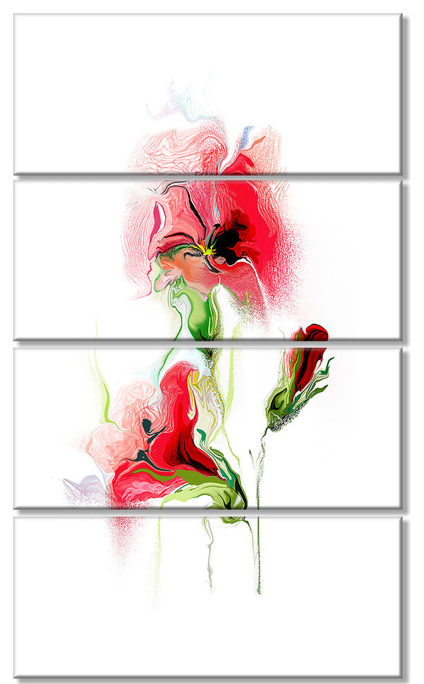 Red Floral Watercolor Illustration, Large Animal Canvas Print, 28"x48", 4 Panels