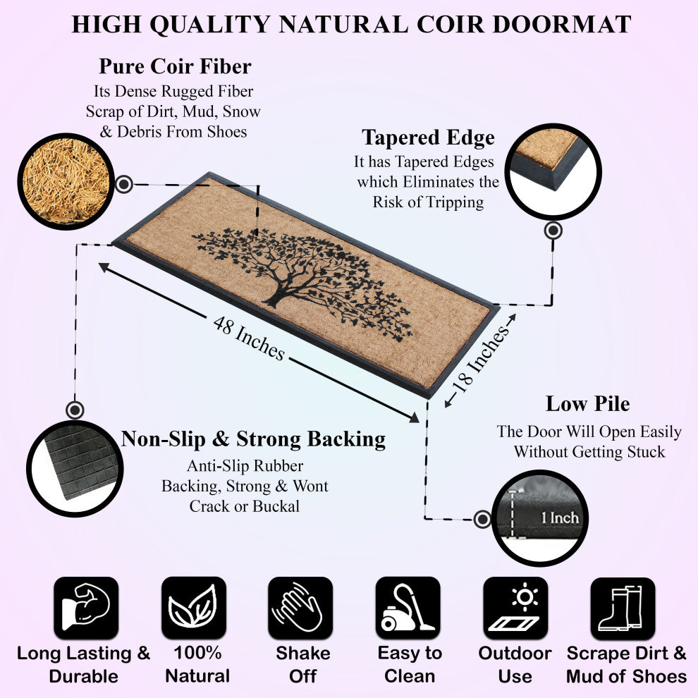 A1HC Flocked Hand-Crafted Rubber Coir Life Of Tree Double Door Mat, 18"x48"